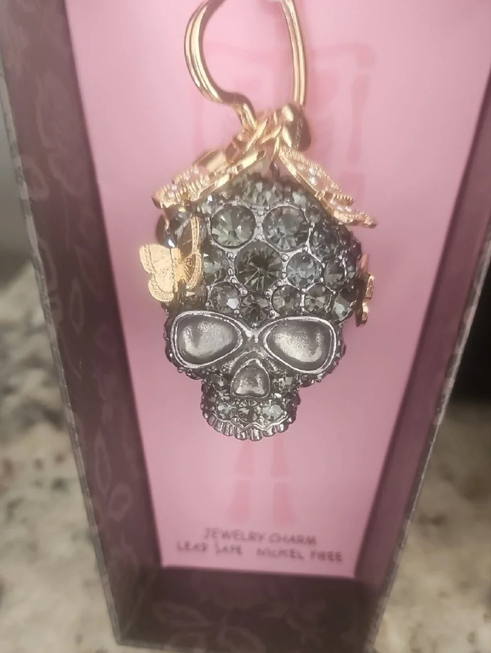 Betsey Johnson Pink and Gunmetal Crystal Skull Charm Keyring